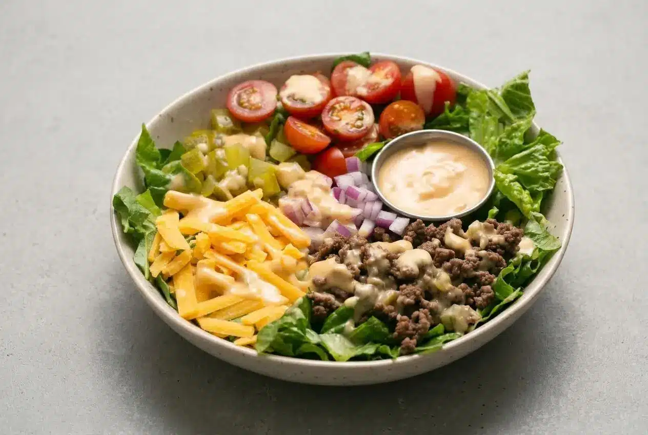 A fresh cheeseburger salad in a white bowl, with seasoned ground beef, shredded cheddar, tomatoes, and pickles over romaine, drizzled with