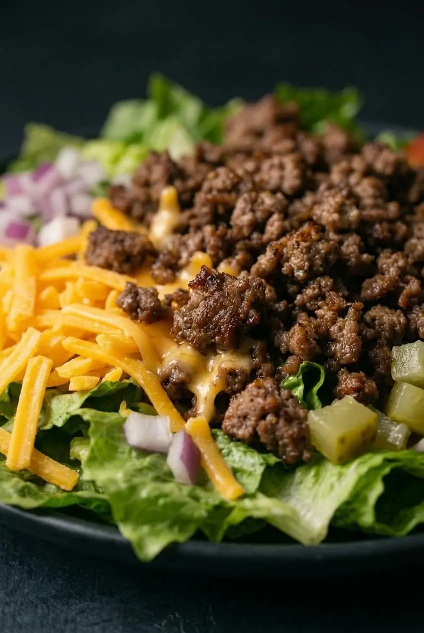 An extreme close-up of a cheeseburger salad, focusing on the texture of browned ground beef with cheddar cheese melting over it.