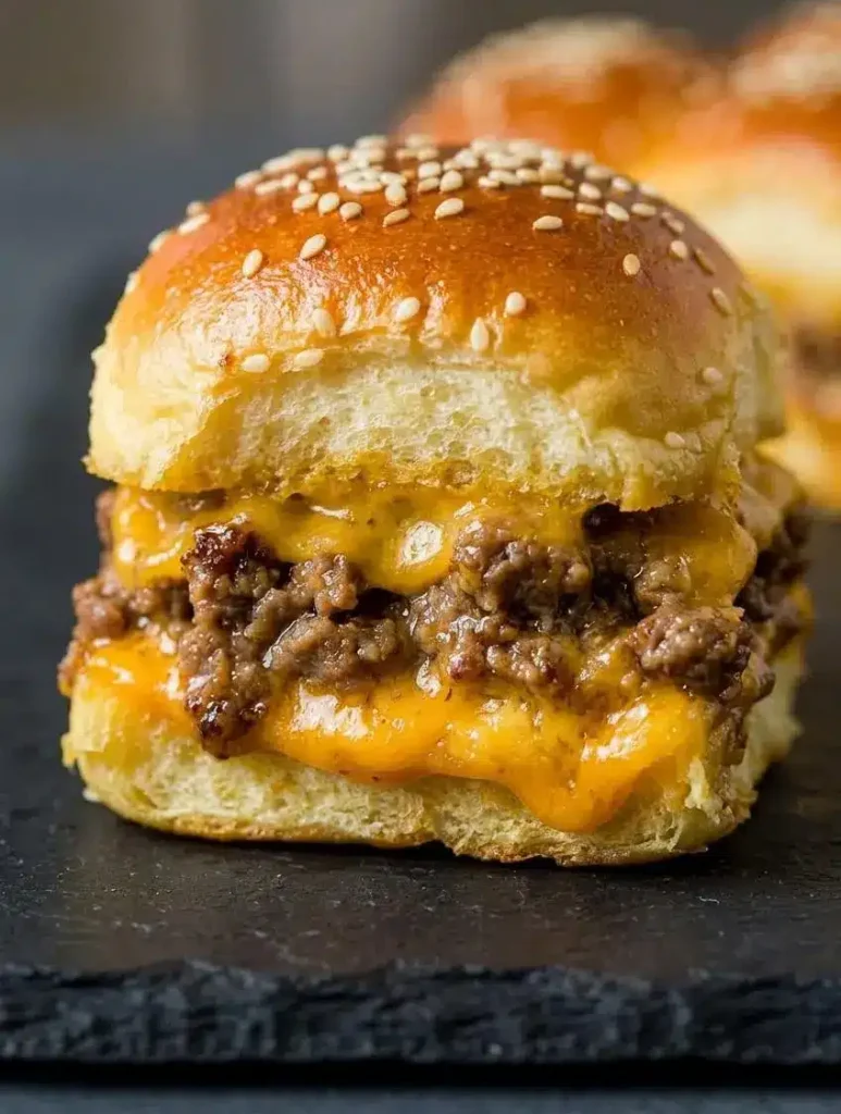 A close-up of a single cheeseburger slider cut to show its layers: a soft bun, seasoned ground beef, and melted cheddar cheese on top and