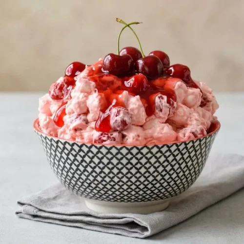 Creamy pink cherry cheesecake fluff mixed with mini marshmallows and glossy red cherry pie filling swirls in a glass bowl.