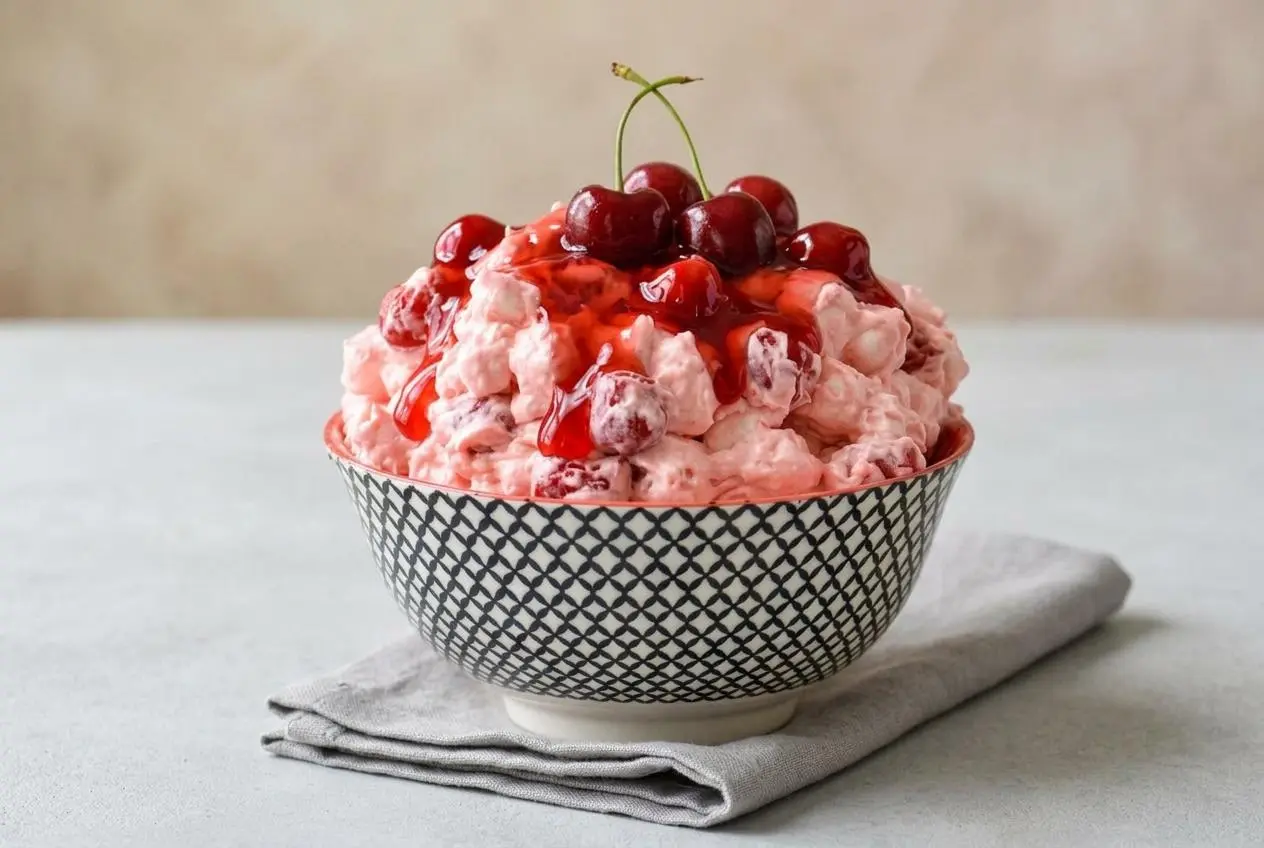 Creamy pink cherry cheesecake fluff mixed with mini marshmallows and glossy red cherry pie filling swirls in a glass bowl.