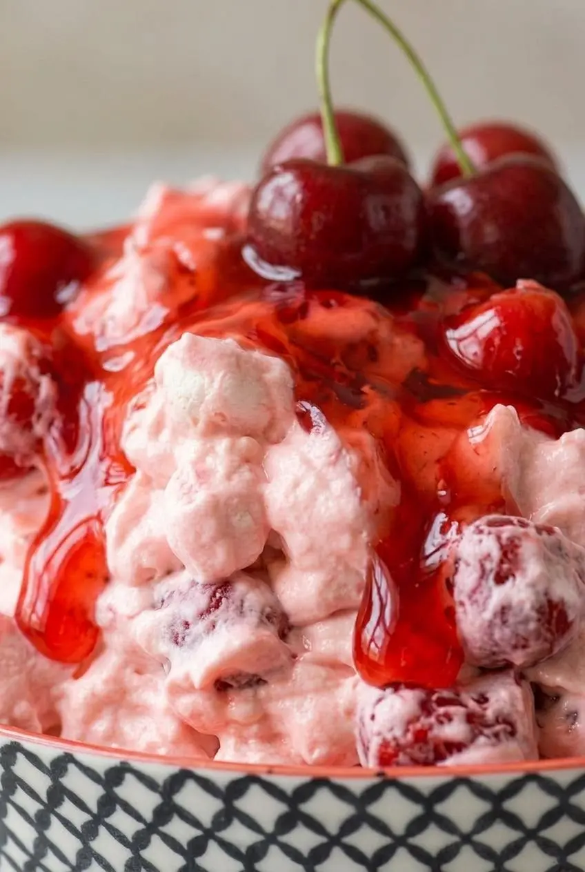 Close-up scoop of pink cherry cheesecake fluff showing a smooth, lump-free cream cheese base, red cherries, and soft marshmallows.