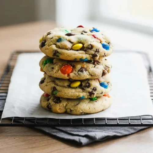 Soft and chewy M&M chocolate chip cookies with crisp golden edges and colorful candy shells.
