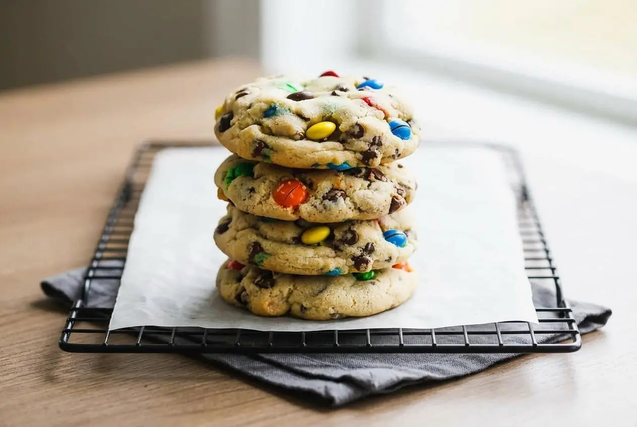 Soft and chewy M&M chocolate chip cookies with crisp golden edges and colorful candy shells.