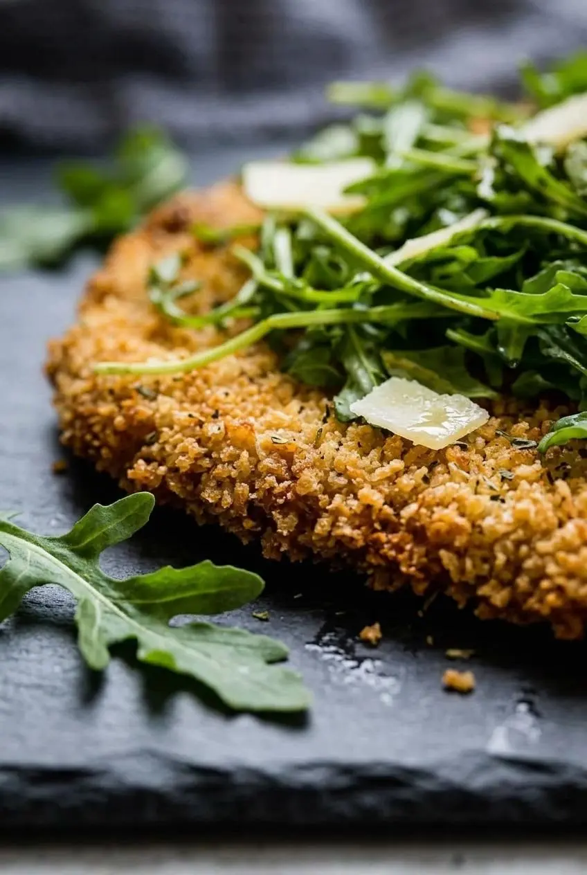 A close-up macro shot of the craggy, ultra-crispy golden panko breadcrumb crust on the edge of the chicken Milanese.