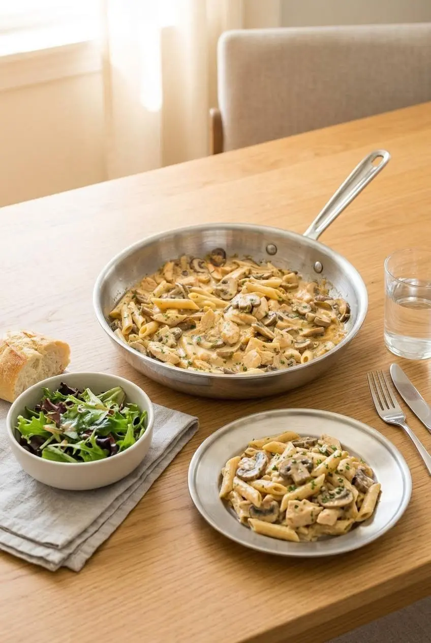 A serving of chicken mushroom pasta on a plate next to the main bowl, a side salad, and crusty bread on a wood dining table.