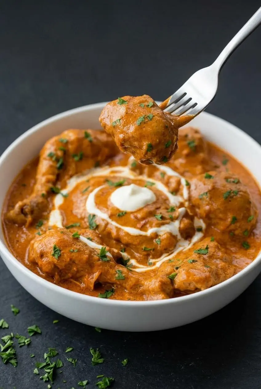 A macro shot of a fork lifting a piece of chicken coated in a perfectly smooth, creamy, red-orange paprikash sauce, showing its velvety