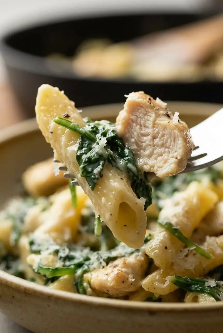 Extreme close-up of penne pasta coated in a silky, creamy sauce with a piece of chicken and wilted spinach.