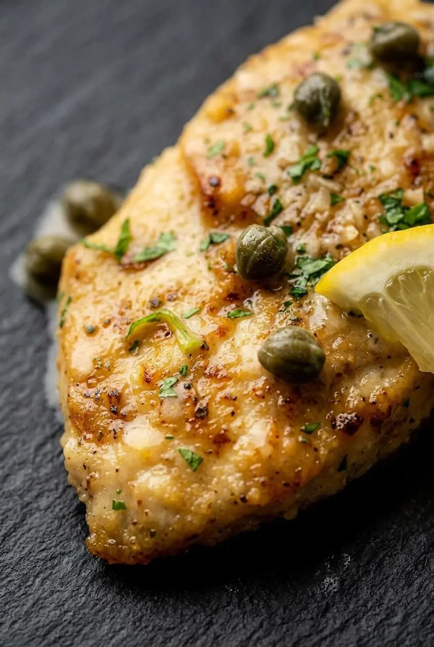 Extreme close-up of a golden chicken cutlet with a creamy sauce, showing the texture of the breading, briny capers, and fresh parsley.