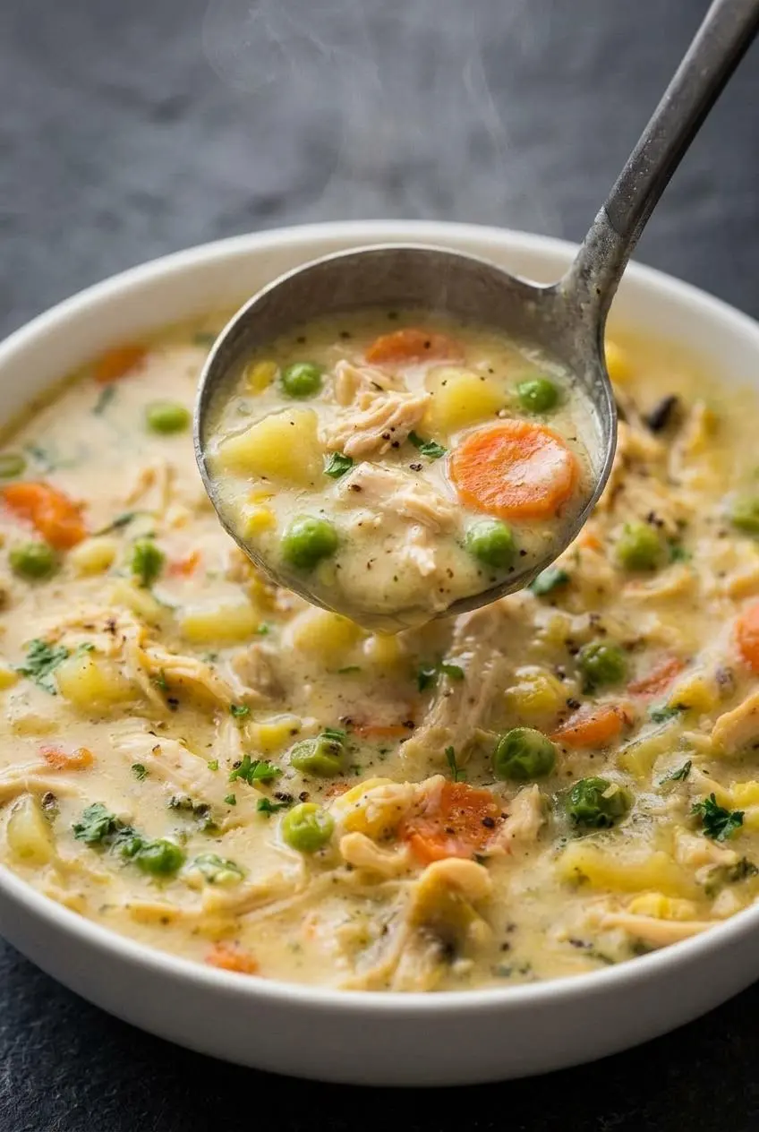 A close-up of a ladle lifting thick chicken pot pie soup, showing its creamy texture with shredded chicken, potatoes, and peas.