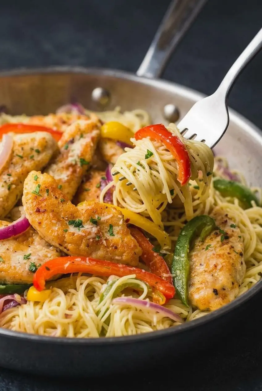 A close-up macro shot of chicken scampi, showing a forkful of angel hair pasta glistening with creamy sauce and a piece of golden-seared
