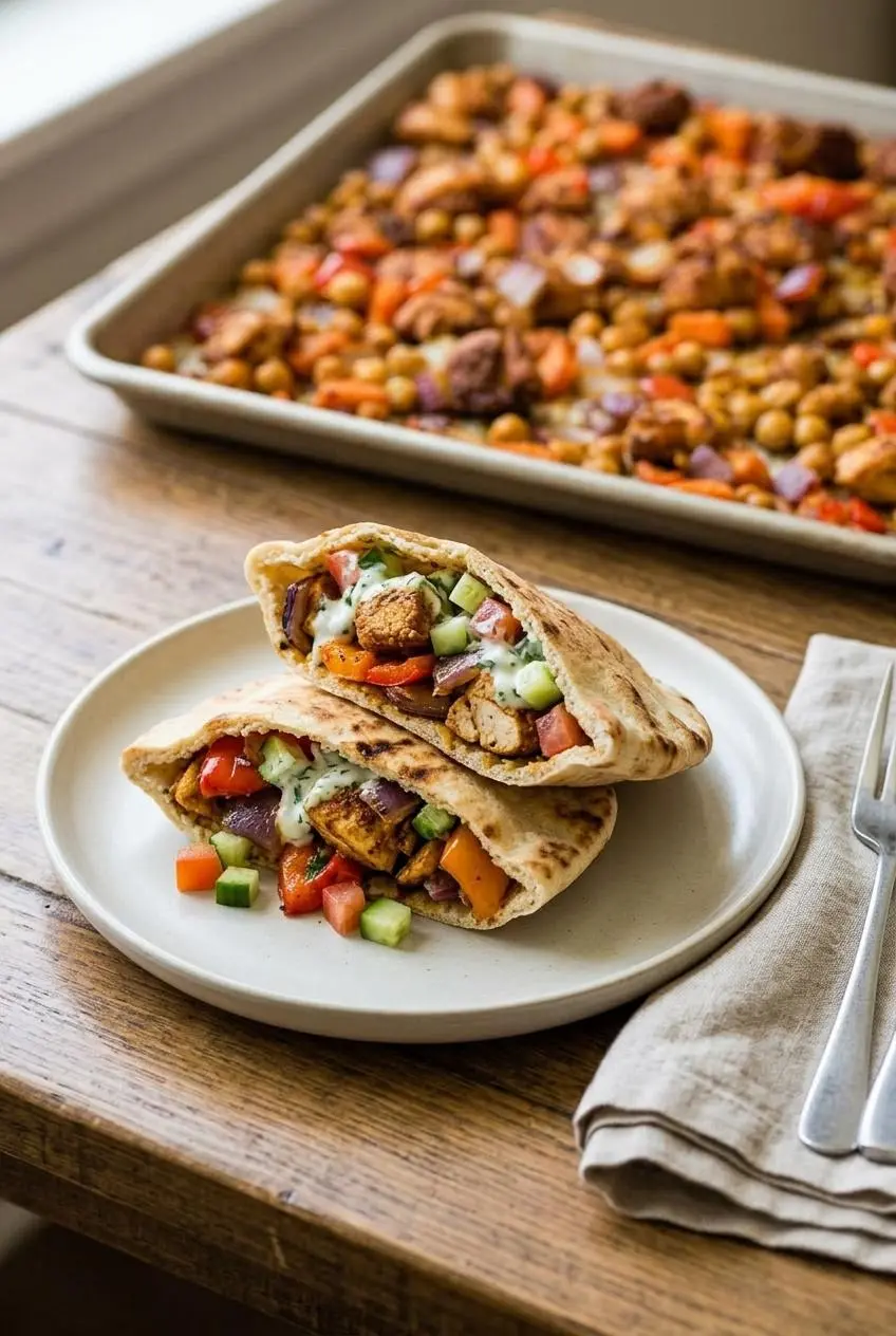 A chicken shawarma pita wrap cut in half and stacked on a plate, filled with roasted chicken, vegetables, fresh cucumber, and tomato.