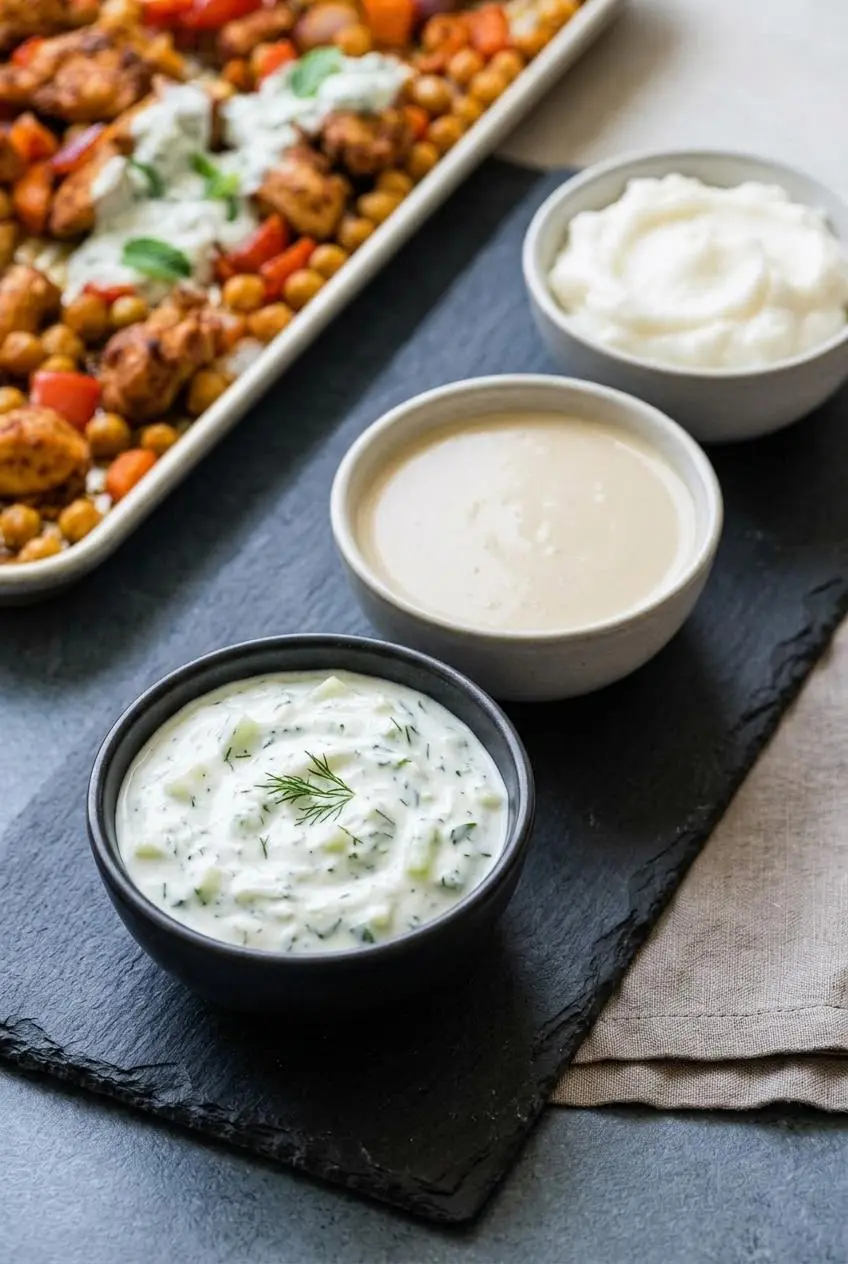 Three small bowls of shawarma sauces on a slate countertop: creamy white tzatziki, smooth beige tahini sauce, and fluffy white toum.