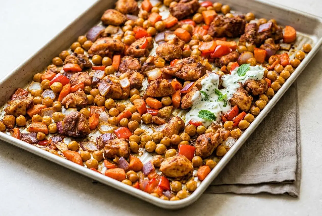 A full sheet pan of Chicken Shawarma Sheet Pan Dinner, with juicy, spice-coated chicken, roasted peppers, onions, carrots, and chickpeas.