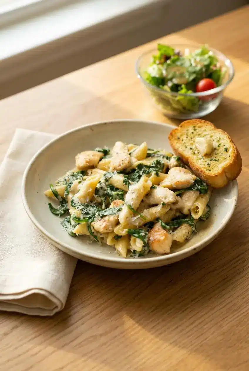 A plated serving of chicken spinach pasta in a shallow bowl, served with a piece of garlic bread and a side salad on a wood table.