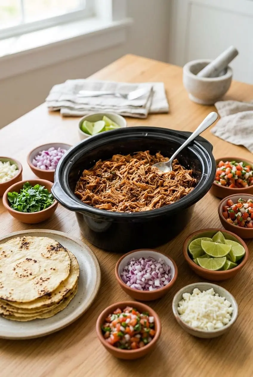 A build-your-own taco bar on a wooden table with a slow cooker insert of shredded chicken, bowls of pico de gallo, cilantro, cotija cheese