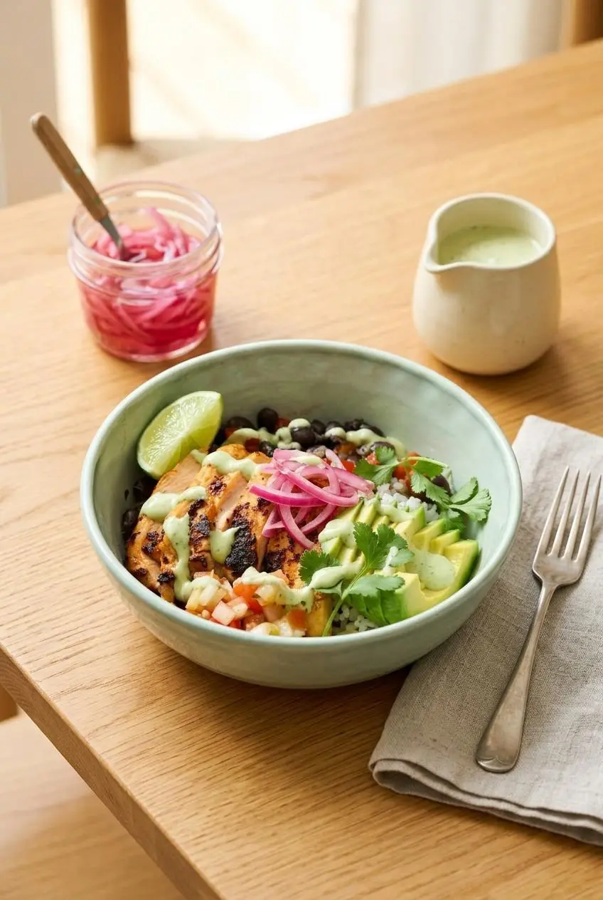 A finished chicken taco bowl on a wood table, garnished with pickled red onions and a drizzle of avocado-lime dressing.