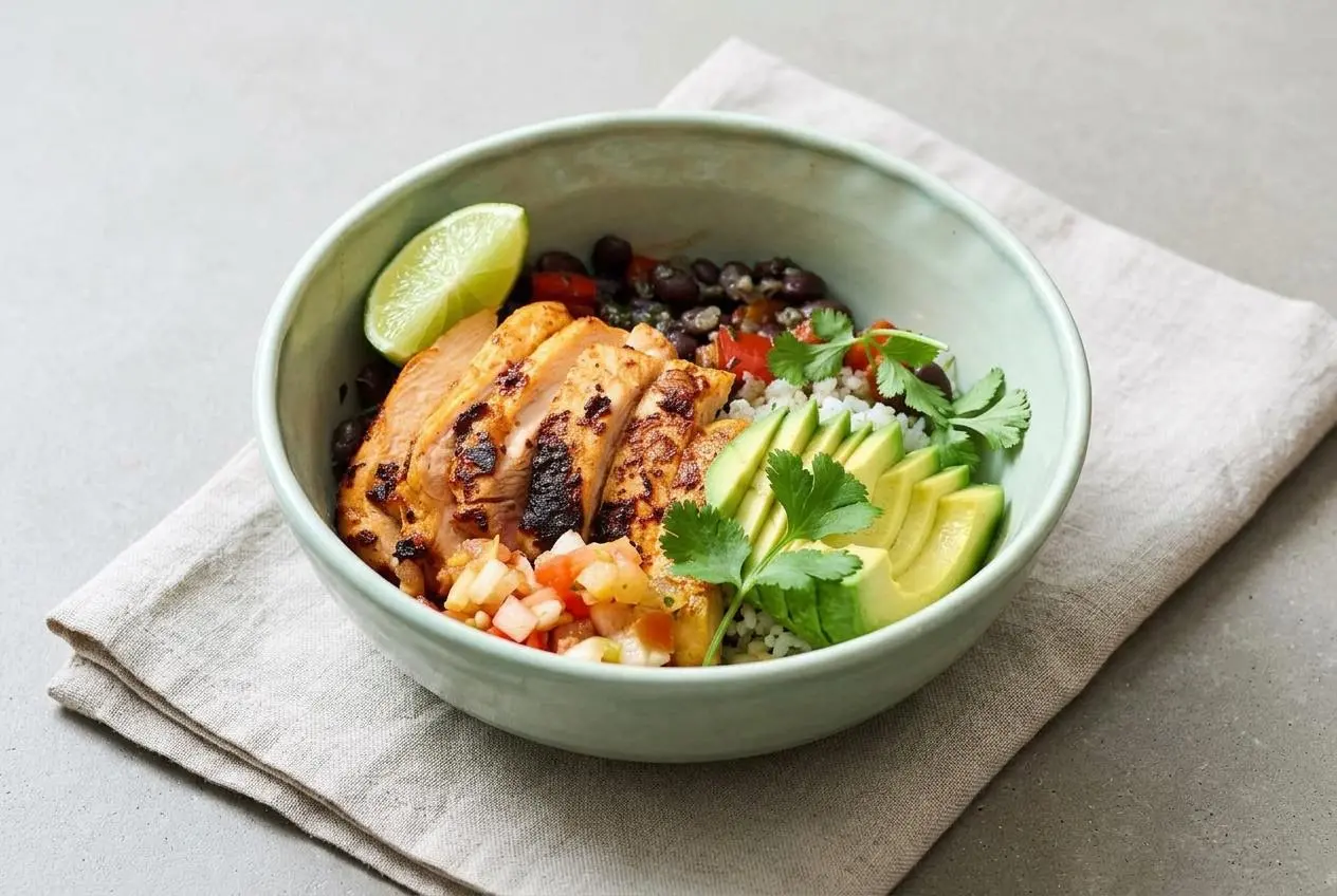 A chicken taco bowl with juicy sliced chicken, seasoned black beans, rice, pico de gallo, and fresh avocado.