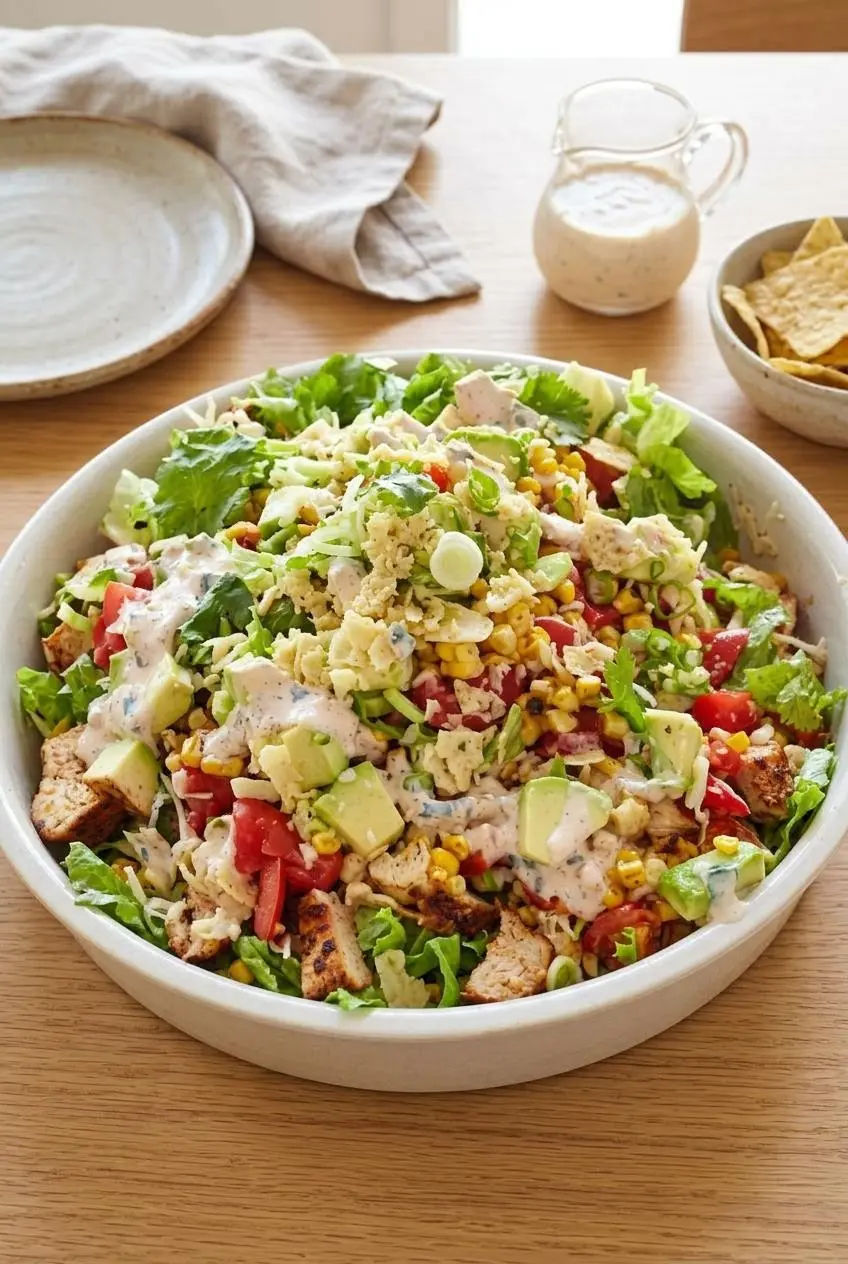 A family-style chicken taco salad beautifully arranged on a large white platter set on a wooden dining table.