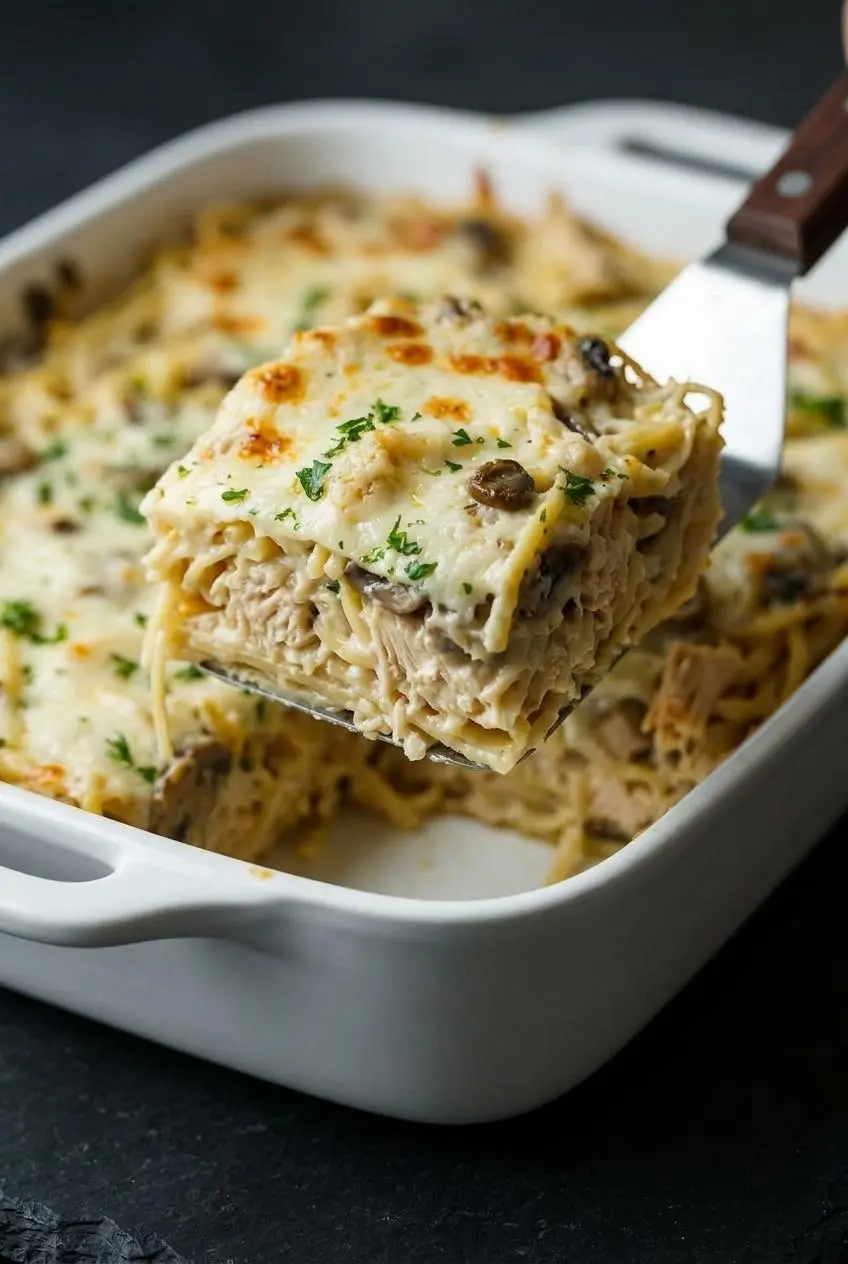 A metal spatula lifts a neat slice of chicken tetrazzini from a baking dish, showing creamy pasta layers and chicken holding their shape.