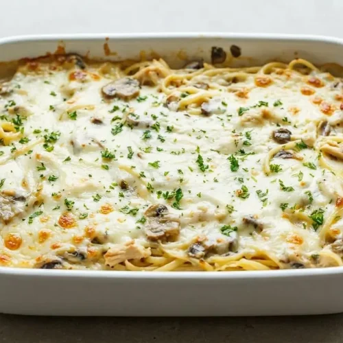 A rectangular baking dish of chicken tetrazzini with a golden-brown bubbly mozzarella cheese topping, garnished with fresh parsley.