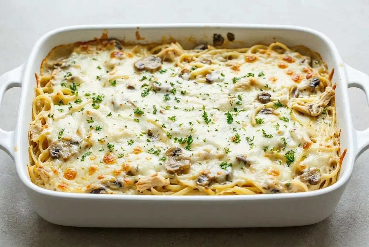 A rectangular baking dish of chicken tetrazzini with a golden-brown bubbly mozzarella cheese topping, garnished with fresh parsley.