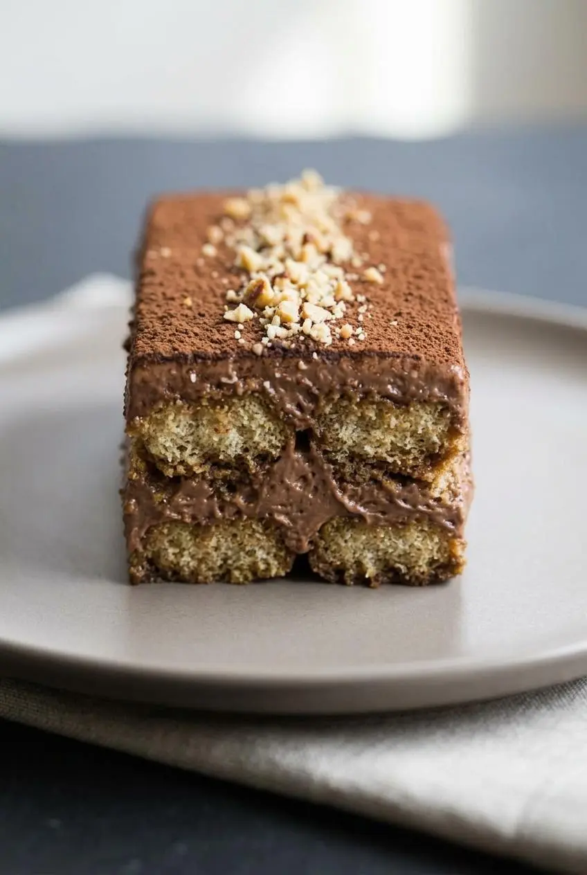 A clean, sharp slice of Nutella Tiramisu on a plate showing distinct cake-like and velvety cream layers.