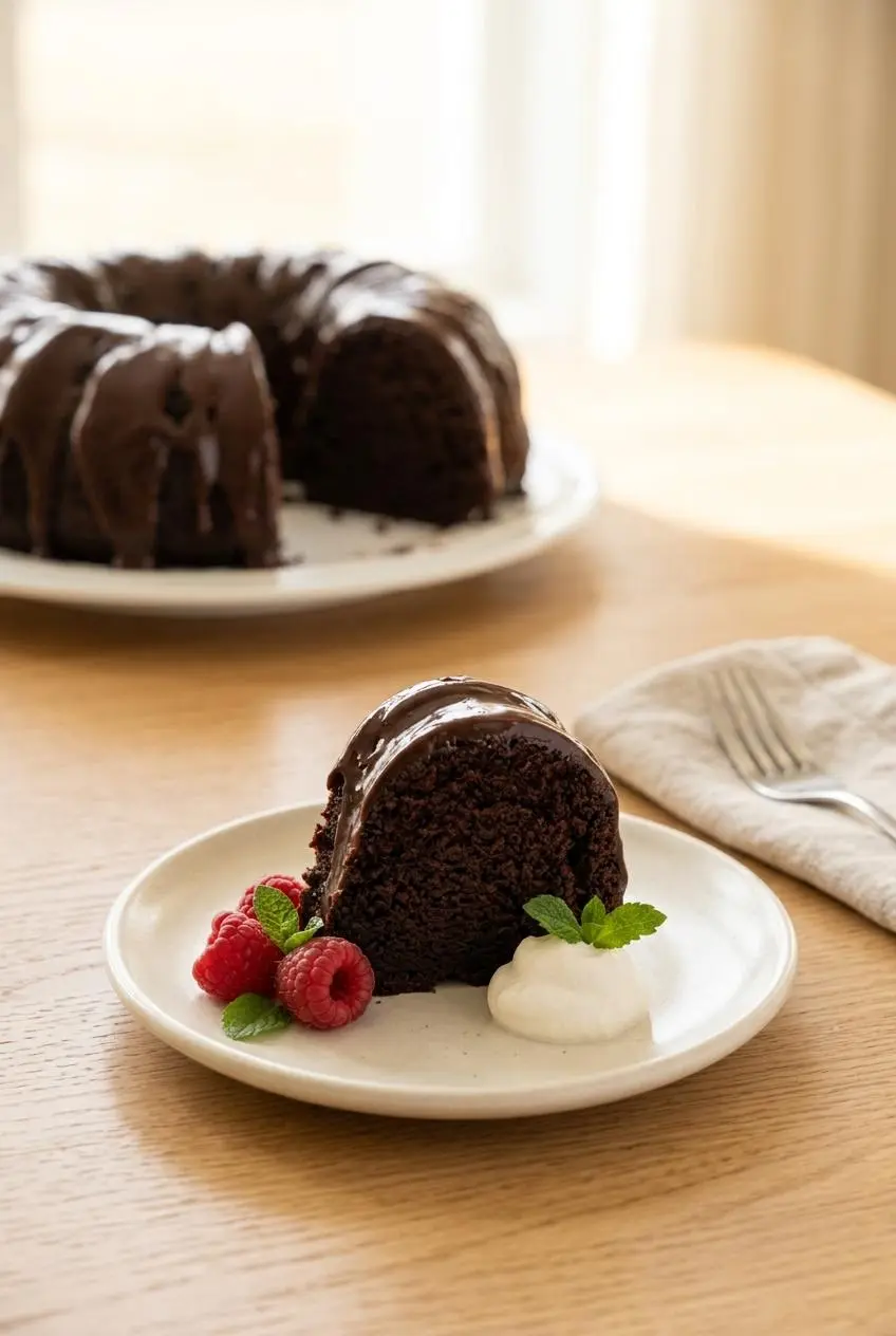 A slice of chocolate bundt cake on a cream plate, garnished with fresh raspberries and a dollop of whipped cream, showing a serving