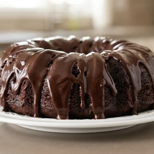 A whole chocolate bundt cake on a white cake stand, covered in a glossy, dark chocolate ganache glaze that drips down its fluted sides.