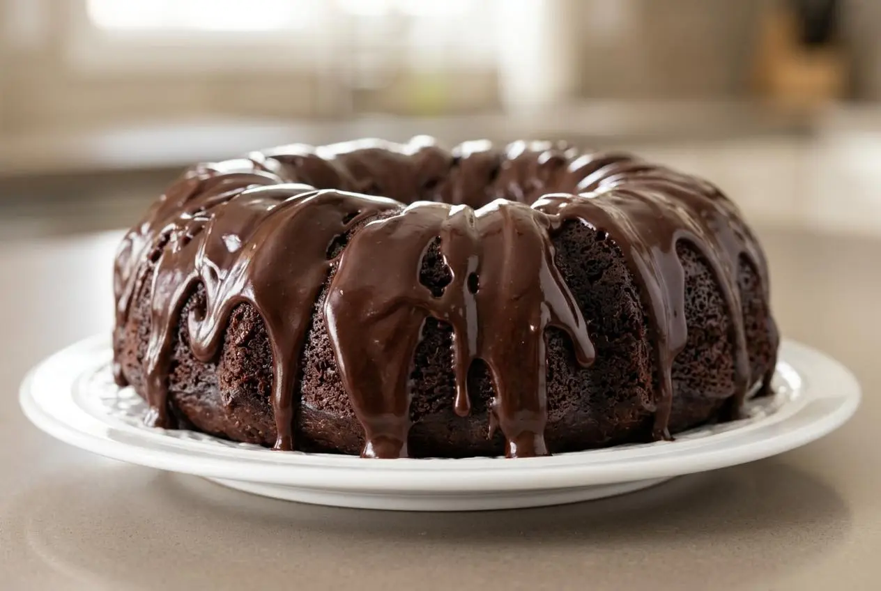 A whole chocolate bundt cake on a white cake stand, covered in a glossy, dark chocolate ganache glaze that drips down its fluted sides.