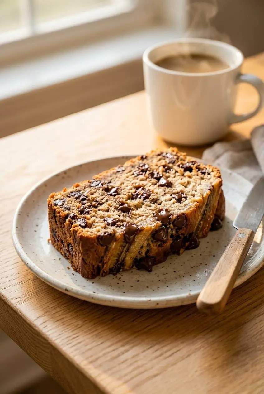 A thick slice of banana bread with melted chocolate chips sits on a rustic white plate, with a steaming mug of coffee in the background.