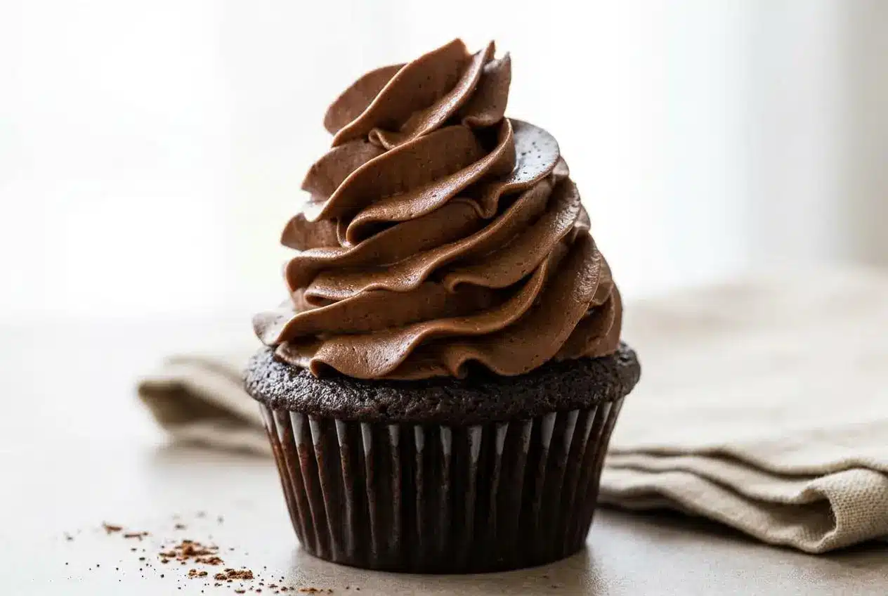 A white bowl filled with a rich, fluffy chocolate frosting recipe, with an offset spatula lifting a smooth scoop.