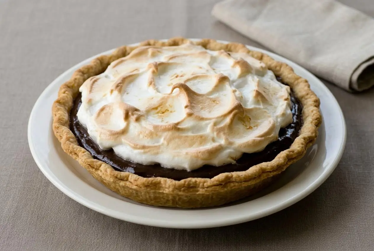 A whole chocolate pie recipe in a glass dish, showing the silky chocolate custard filling beneath a fluffy, toasted meringue topping.