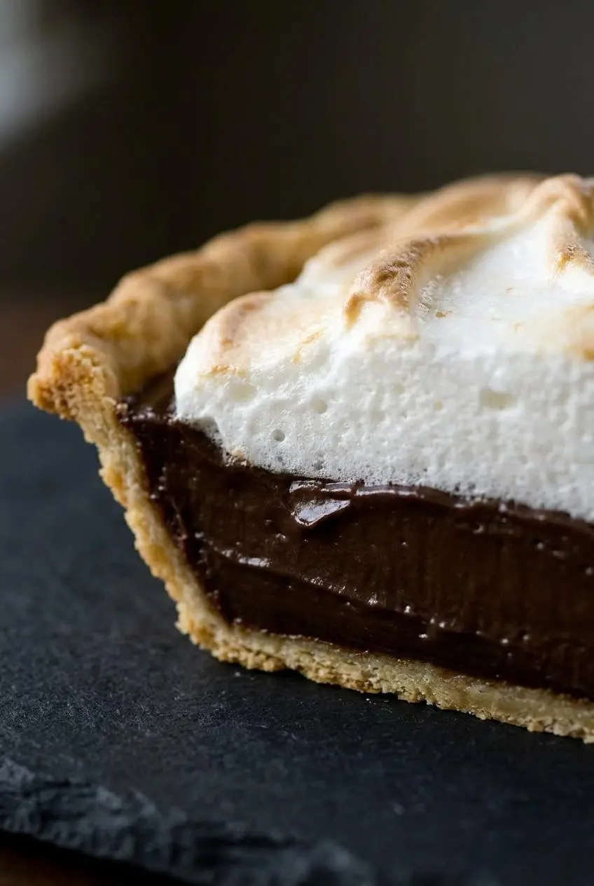 A close-up macro shot of a slice of chocolate pie, highlighting the perfectly silky texture of the dark chocolate filling against the flaky