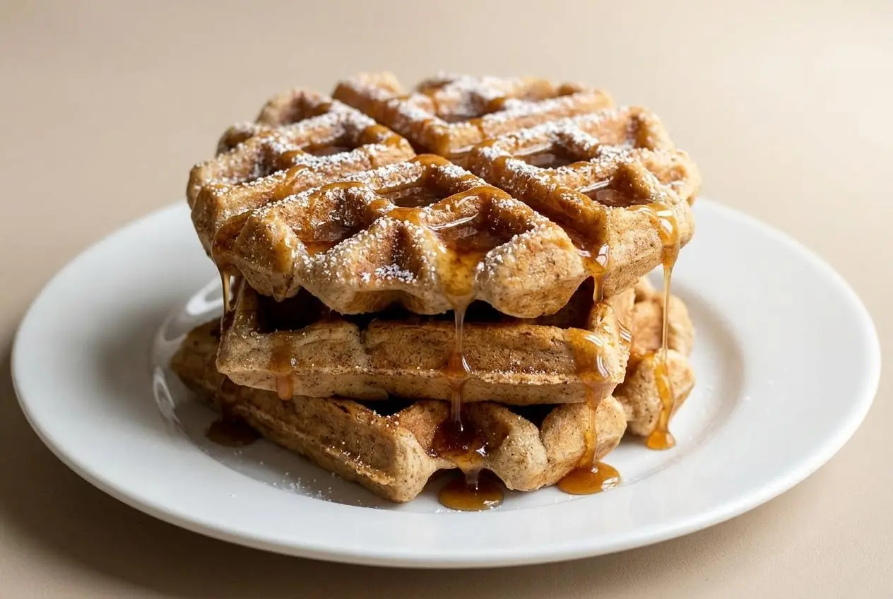 A stack of golden Cinnamon Brown Sugar Waffles on a white plate, with a pat of melting butter on top and maple syrup being poured over.