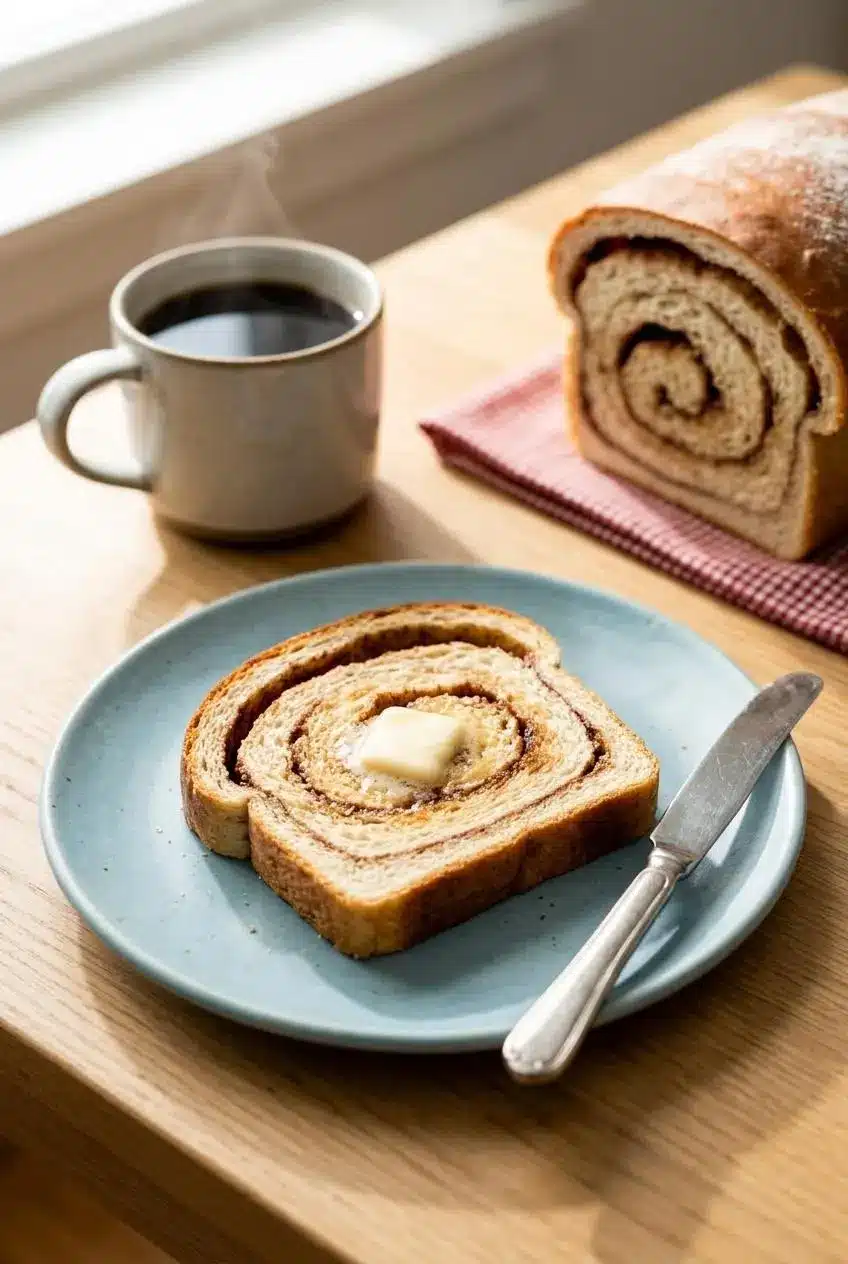 A thick, toasted slice of cinnamon swirl sandwich bread on a light blue plate, with a pat of butter melting into the warm swirls.
