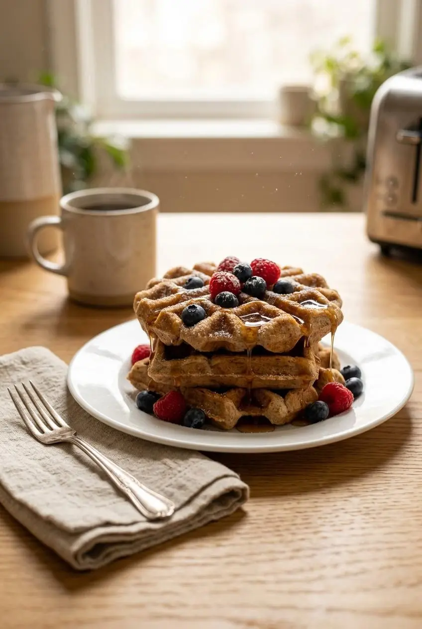 A round cinnamon brown sugar waffle served on a white plate, topped with fresh mixed berries and a drizzle of maple syrup, set for