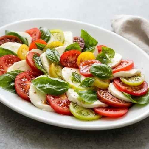 Classic Caprese salad on a white platter with slices of juicy heirloom tomato, fresh mozzarella, and basil, drizzled with balsamic glaze.