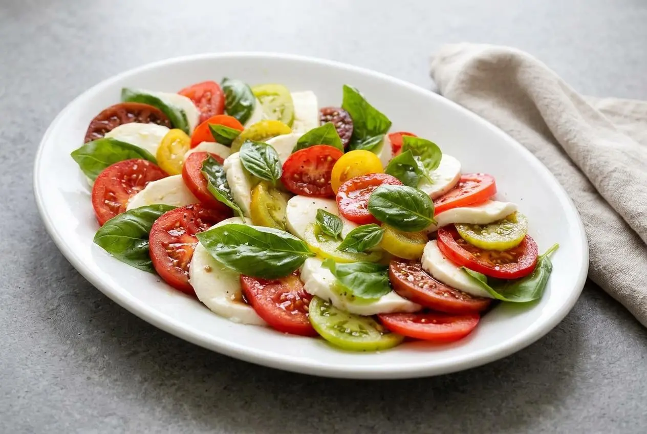 Classic Caprese salad on a white platter with slices of juicy heirloom tomato, fresh mozzarella, and basil, drizzled with balsamic glaze.