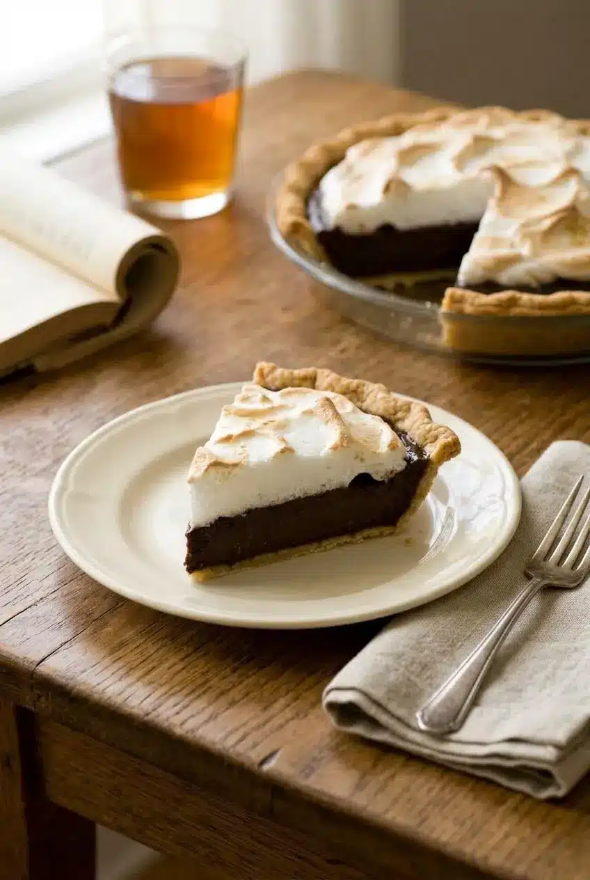 A generous slice of chocolate meringue pie on a vintage plate, set on a rustic wood table with a fork, ready to be enjoyed.
