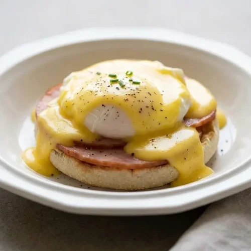 Two plates of classic Eggs Benedict, each with a perfectly poached egg covered in creamy hollandaise sauce and garnished with fresh chives.