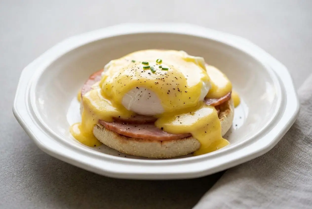 Two plates of classic Eggs Benedict, each with a perfectly poached egg covered in creamy hollandaise sauce and garnished with fresh chives.