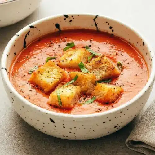 A chilled white bowl of creamy Gazpacho Recipe, garnished with golden croutons and a drizzle of olive oil.