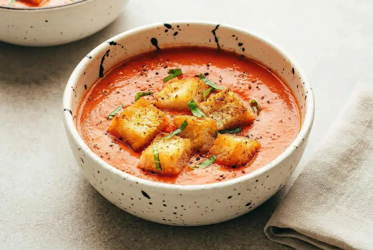 A chilled white bowl of creamy Gazpacho Recipe, garnished with golden croutons and a drizzle of olive oil.