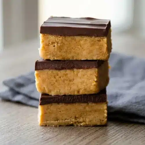 Classic no-bake peanut butter bars with a thick fudgy base and a smooth chocolate topping.