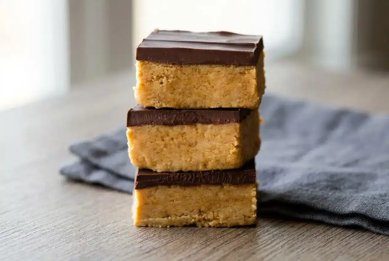 Classic no-bake peanut butter bars with a thick fudgy base and a smooth chocolate topping.