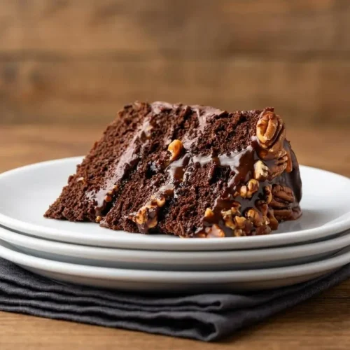 Three-layer chocolate Turtle Caramel Cake topped with glossy chocolate fudge frosting, toasted pecans, and rich caramel.