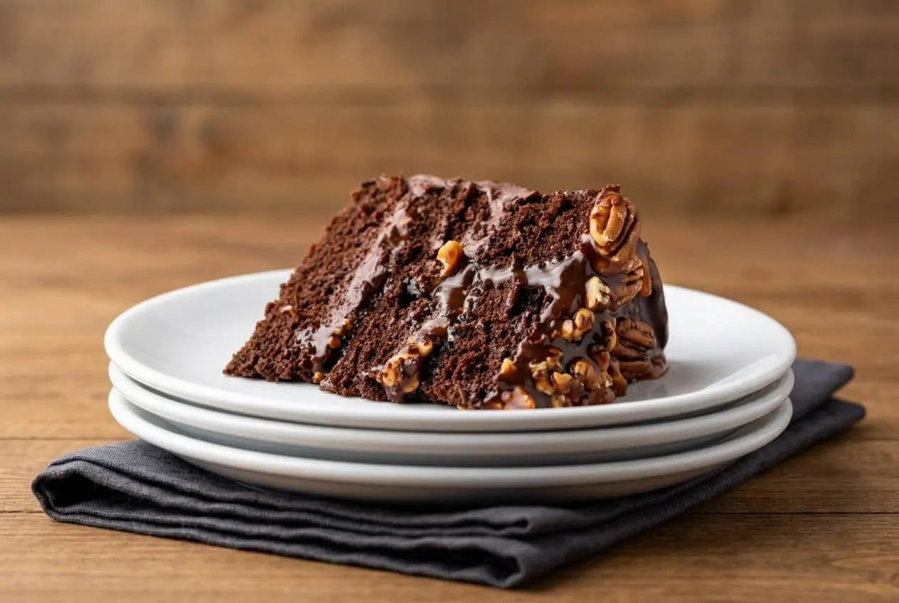 Three-layer chocolate Turtle Caramel Cake topped with glossy chocolate fudge frosting, toasted pecans, and rich caramel.