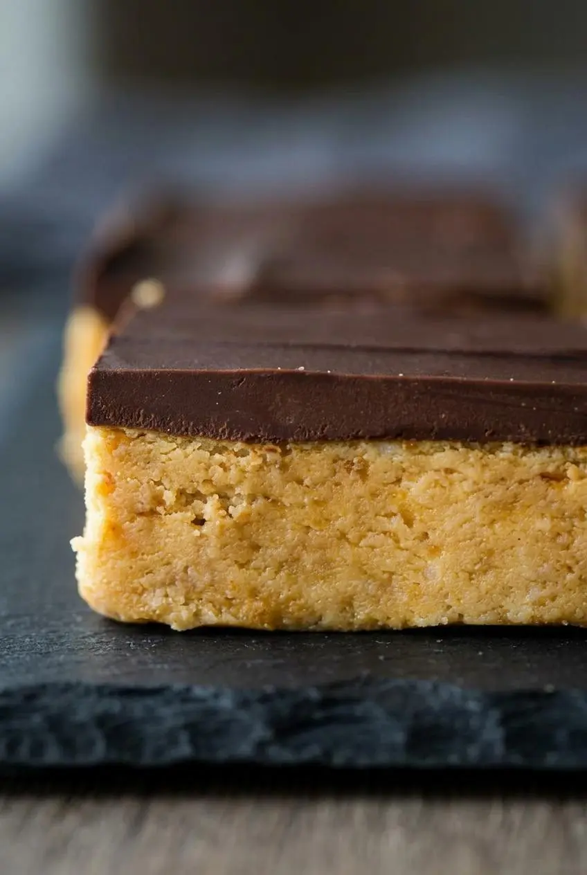 Close-up of a cleanly cut peanut butter bar showing the yellow-gold crumb base and matte chocolate top layer.