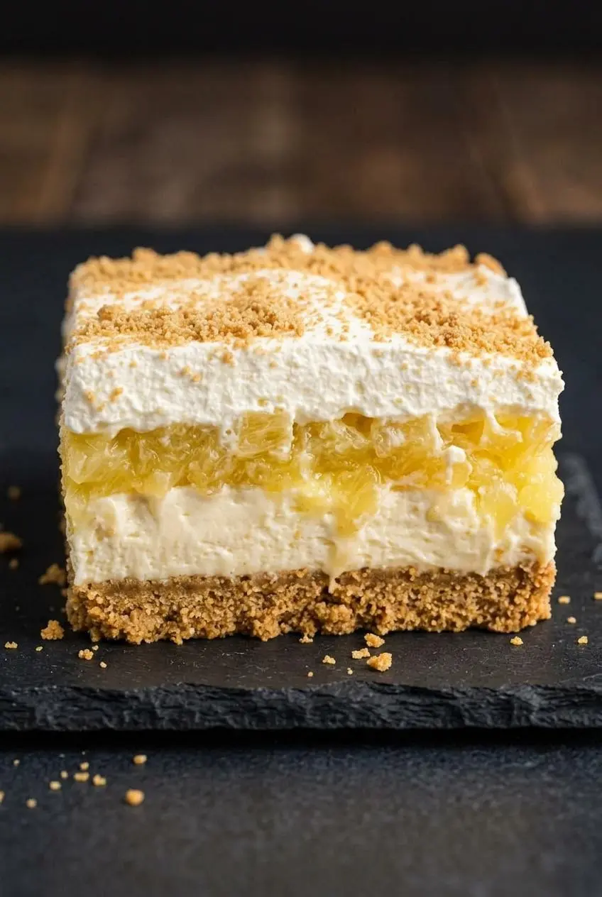 A close-up of a perfectly sliced square of layered pineapple dessert with sharp, clean edges on a white plate.